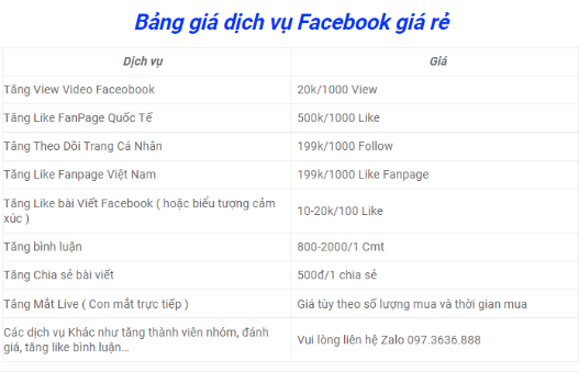 Bảng giá dịch vụ tăng Like và tương tác trên Facebook của Học Nhanh